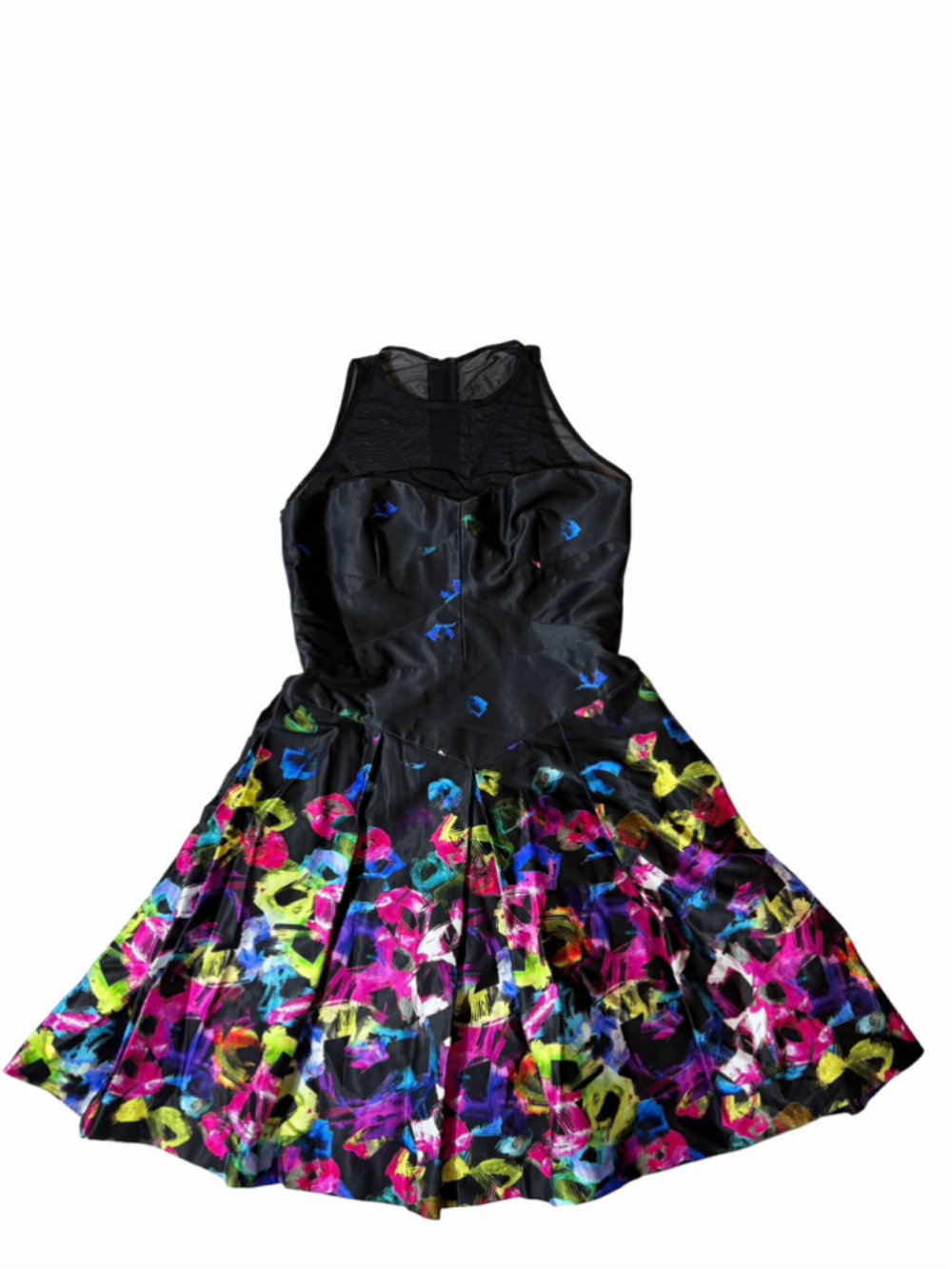 MILLY Dress Size 2 Black Neon Abstract Print Mesh Fit & Flare Party Cocktail